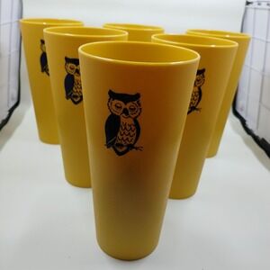 Yellow Plastic Owl Drinking Tumblers Cups Set Of 6 New Old Stock Retro Kitchen